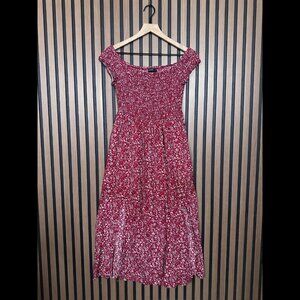 Shein Dress 0XL Womens Red Maxi Smocked Floral Short Sleeve Flowy